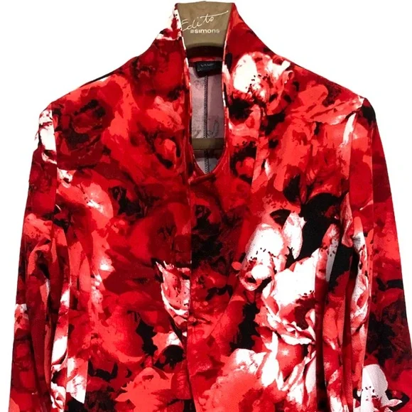 ❌SOLD❌LG•VAMP•CINNAMON RED, WHITE/BLACK FLORAL PULL OVER JACKET W COWL NECK - Picture 3 of 4